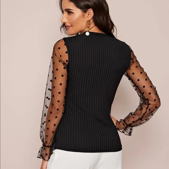 Polkadot mesh sleeve blouse black ribbed top - Picture 2 of 3